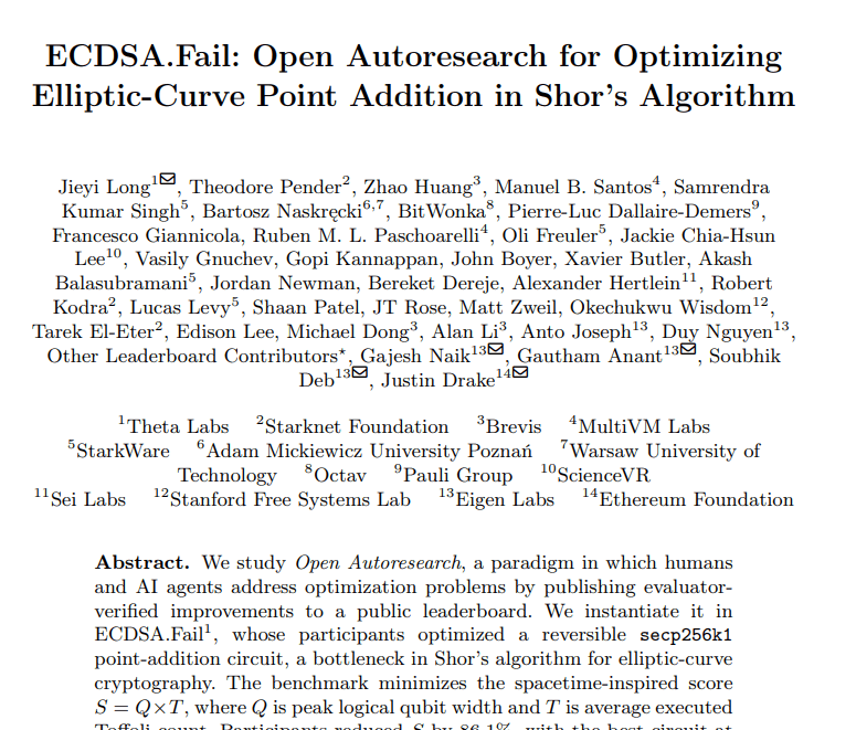 First page of the paper ECDSA.Fail: Open Autoresearch for Optimizing Elliptic-Curve Point Addition in Shor's Algorithm, with its authors and affiliations